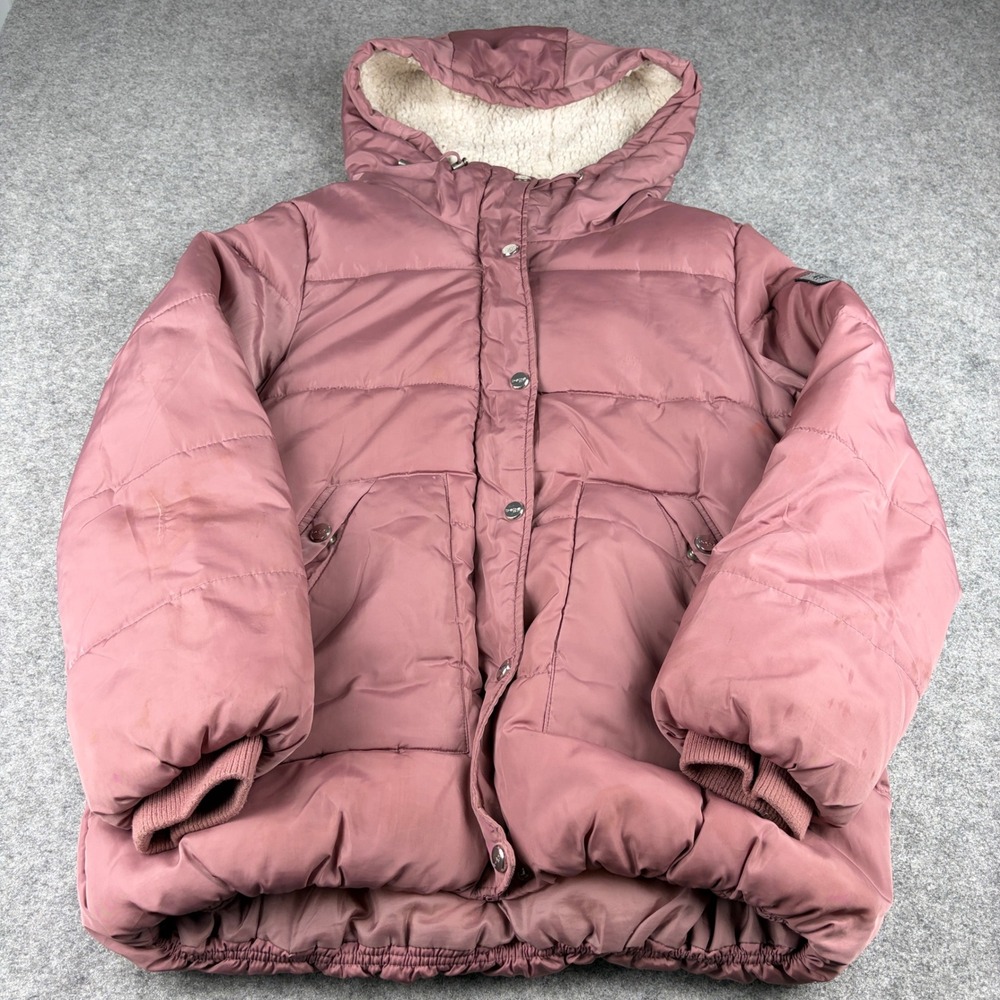 Bebe Sport Puffer Jacket Womens Medium Mauve Pink Sherpa Lined Hooded Coat